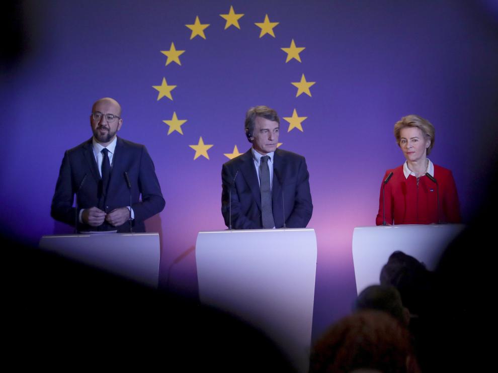 Los presidente del Consejo Europeo, Michel, del Parlamento, Sassoli, y de la Comisión Von der Leyen, en una rueda de prensa sobre el 'brexit'.