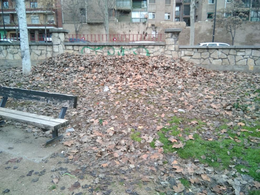 Montaña de hojas acumuladas en el Parque Bruil de Zaragoza.
