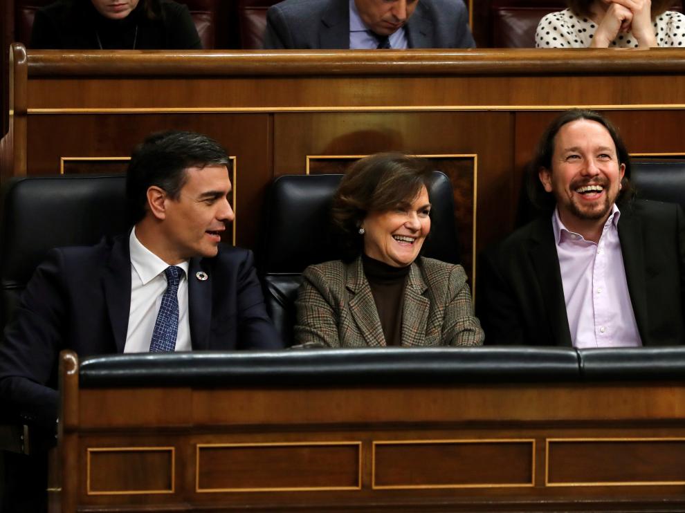 Sanchez, Calvo e Iglesias en un pleno, imagen de archivo.