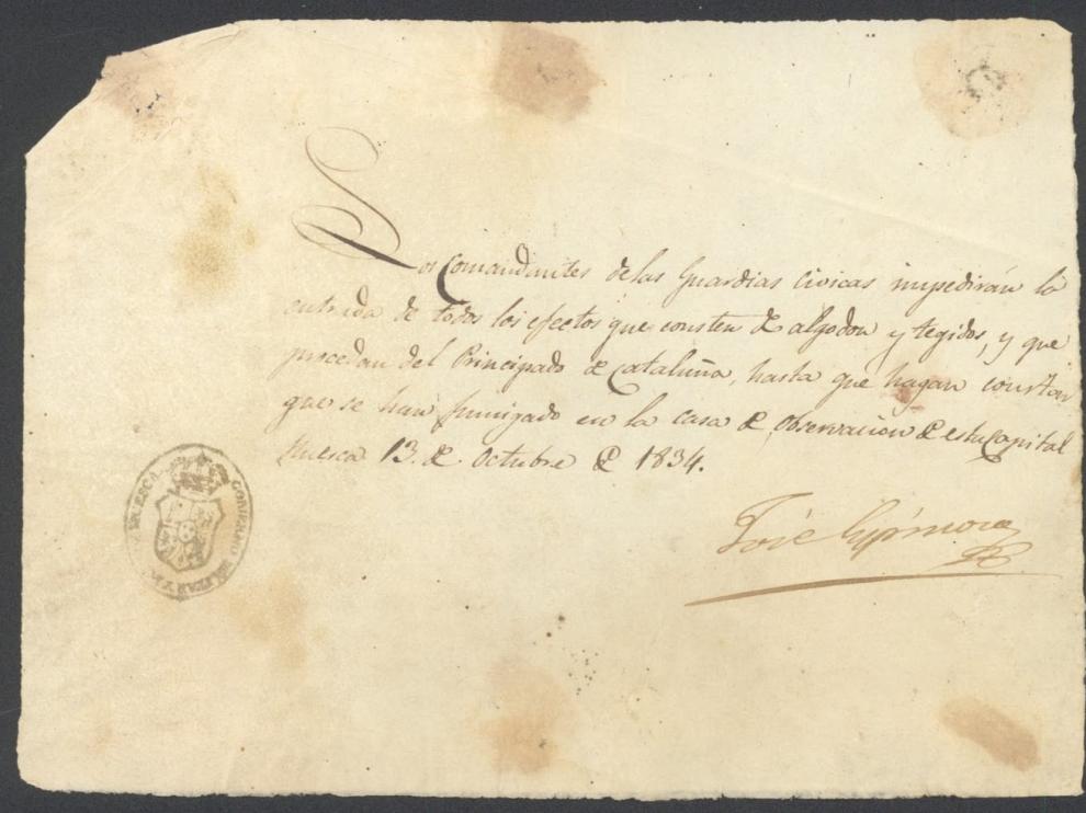 Orden del Gobierno Militar de 1834 que impedía la entrada en Huesca de algodón y tela proveniente de Cataluña si no había sido fumigada previamente.