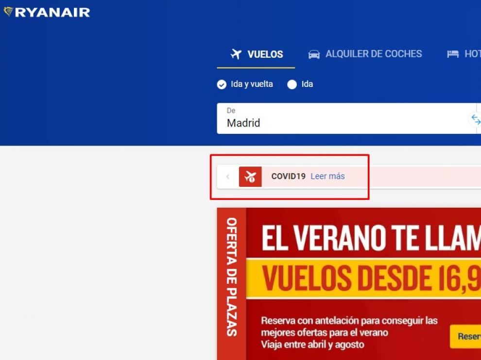 Aviso emitido en la página web de la aerolínea irlandesa.