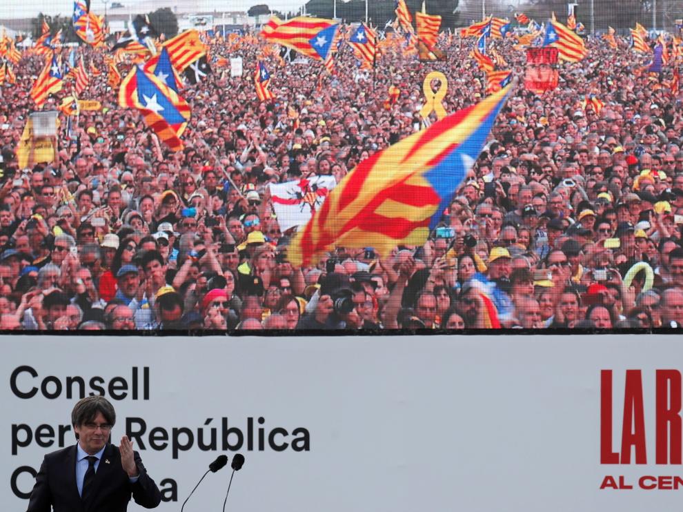 Puigdemont este sábado durante su intervención en el acto de Perpiñán.