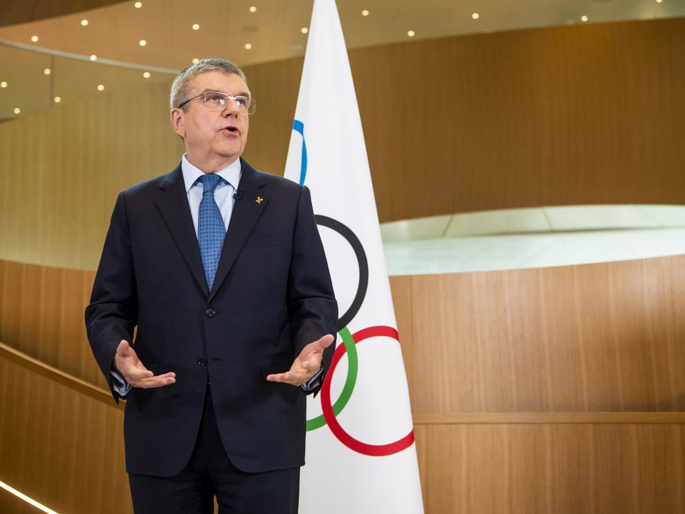 Lausanne (Switzerland Schweiz Suisse), 03/03/2020.- International Olympic Committee (IOC) president Thomas Bach speaks during a statement on the coronavirus (COVID-19) and the Olympic Games Tokyo 2020 after the executive board meeting of the International Olympic Committee (IOC), at the Olympic House, in Lausanne, Switzerland, 03 March 2020. (Suiza, Estados Unidos, Tokio) EFE/EPA/JEAN-CHRISTOPHE BOTT IOC statement on COVID-19 coronavirus and Olympic Games Tokyo 2020
