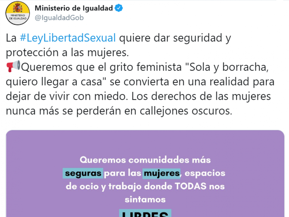'Sola y borracha, quiero llegar a casa': el polémico tuit del Ministerio de Igualdad que incendia las redes
