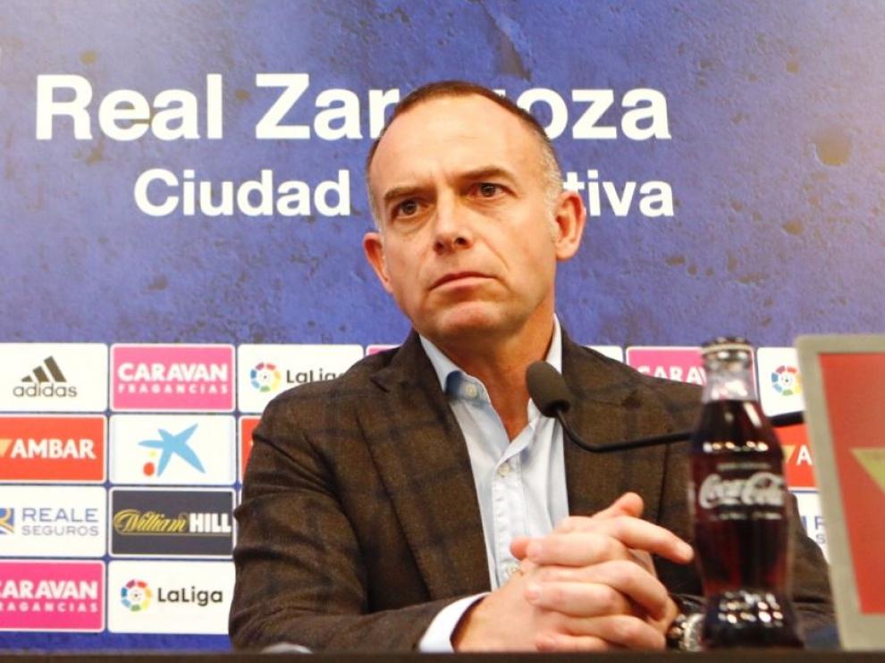 Christian Lapetra, con gesto serio, en la rueda de prensa de esta tarde de martes a consecuencia del caso coronavirus en el fútbol español.