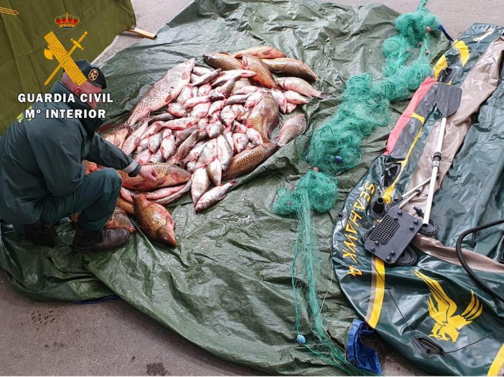 Imagen de la red llena de peces y la barca intervenidas.