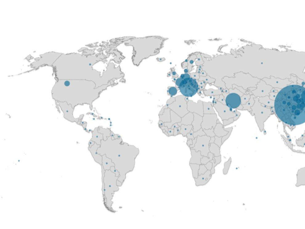 Mapa con los países contagiados por coronavirus