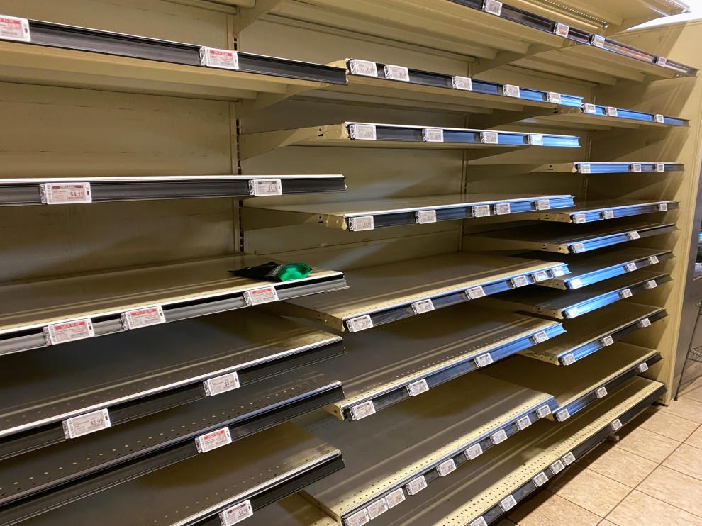 Empty pasta shelves are seen at a Whole Foods supermarket in Los Angeles