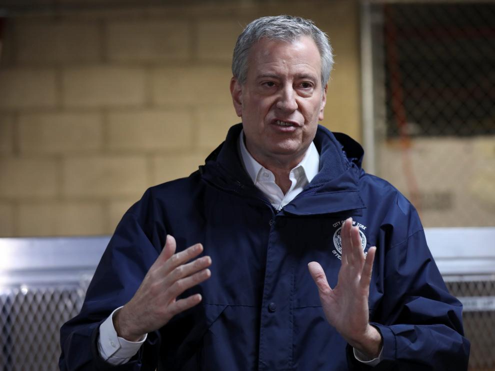 New York City Mayor Bill de Blasio speaks during a news conference at the New York City Emergency Management Warehouse