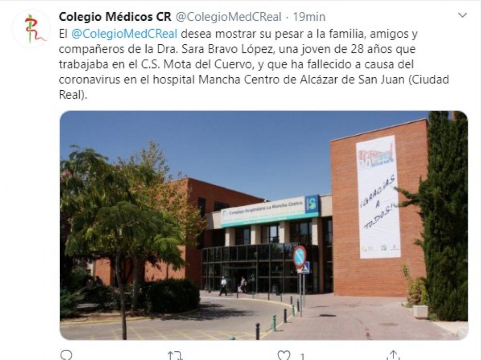 Tuit que informaba del fallecimiento de la sanitaria por coronavirus.