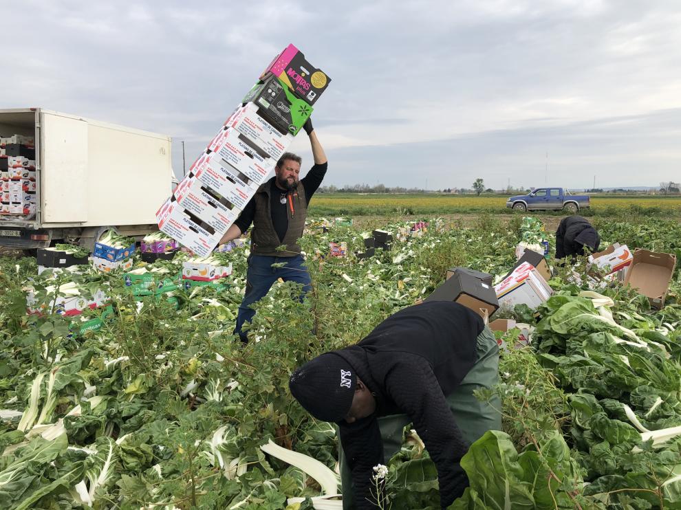 Cristobal Omedes, cargando las cajas y dos de sus trabajadores