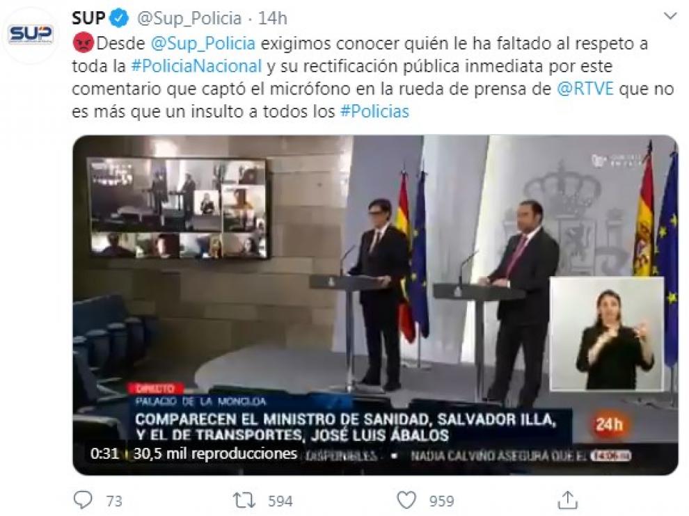 Tuit emitido por el sindicato mayoritario del Cuerpo Nacional de Policía en relación a este asunto.