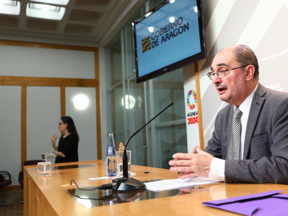 Lambán, ayer tras la videoconferencia con Pedro Sánchez y el resto de líderes autonómicos.