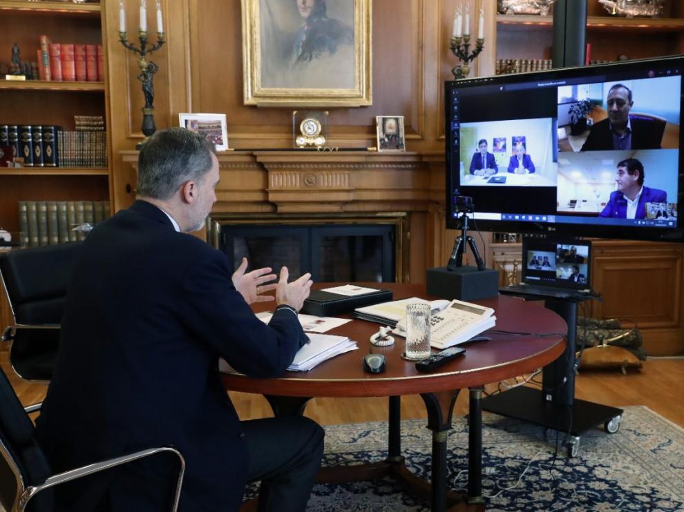 Un momento de la videoconferencia del Rey con la dirección de Oviaragón-Grupo Pastores y el Consorcio de Promoción del Ovino.