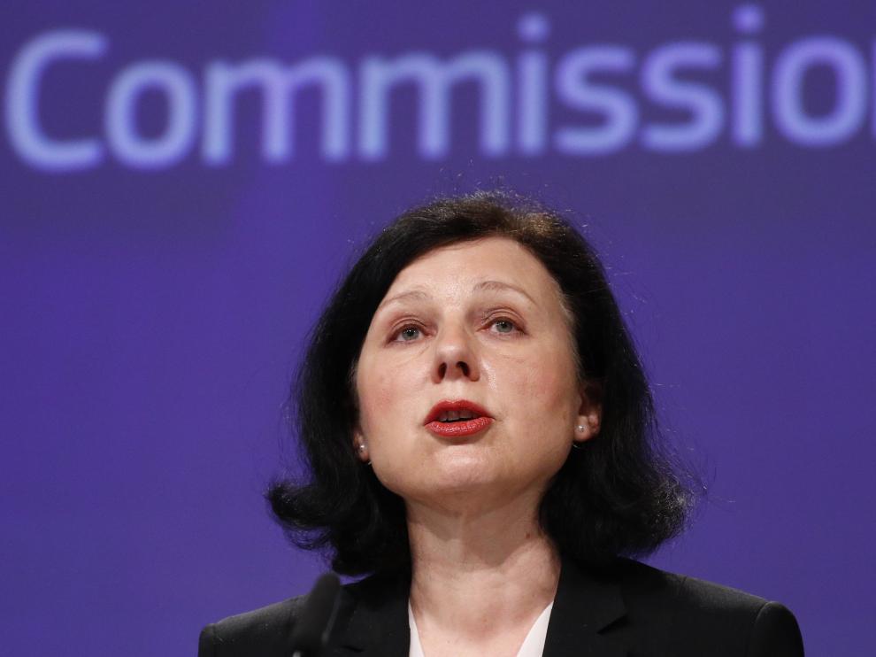 European Commission Vice-President Vera Jourova holds a news conference in Brussels
