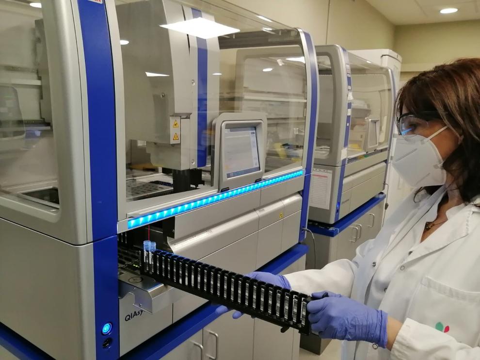 La codirectora del laboratorio de Pangaea Oncology, Clara Mayo, trabajando con uno de los robots de extracción de ácido ribonucleico para las pruebas PCR, siglas en inglés de Reacción en Cadena de la Polimerasa.