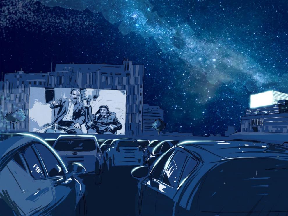 Dibujo de un autocine como el quiere instalar en Huesca durante el Festival.+