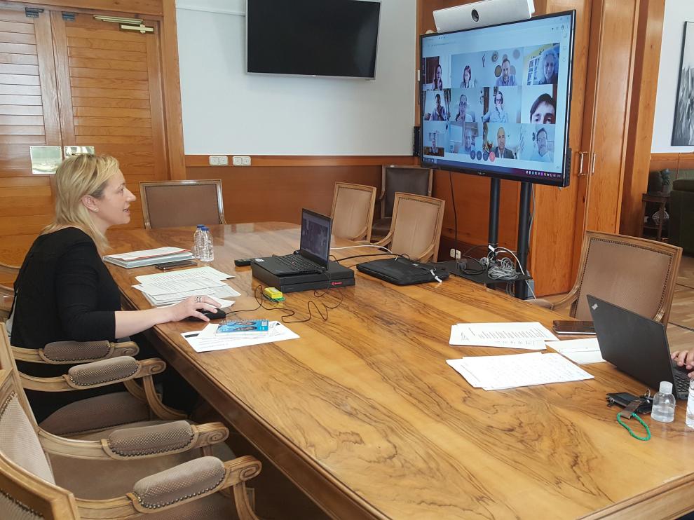 La consejera Marta Gastón trabajando en su despacho junto a Luis Lanaspa.