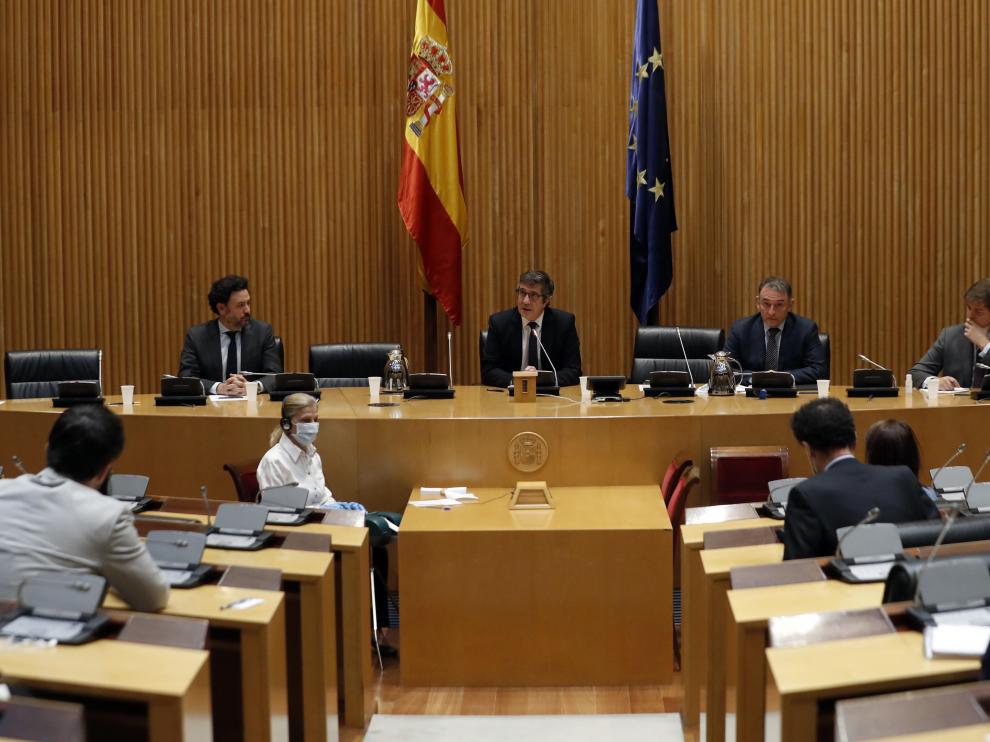 El expresidente del Congreso y diputado socialista Patxi López, que ha sido elegido este jueves presidente de la nueva comisión para la reconstrucción social y económica constituida en la Cámara Baja, durante su intervención.