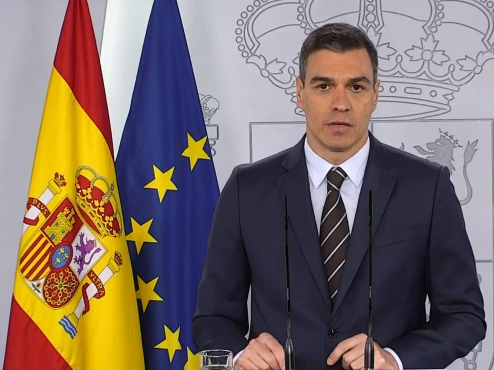 Pedro Sánchez en su comparecencia este sábado en la Moncloa.