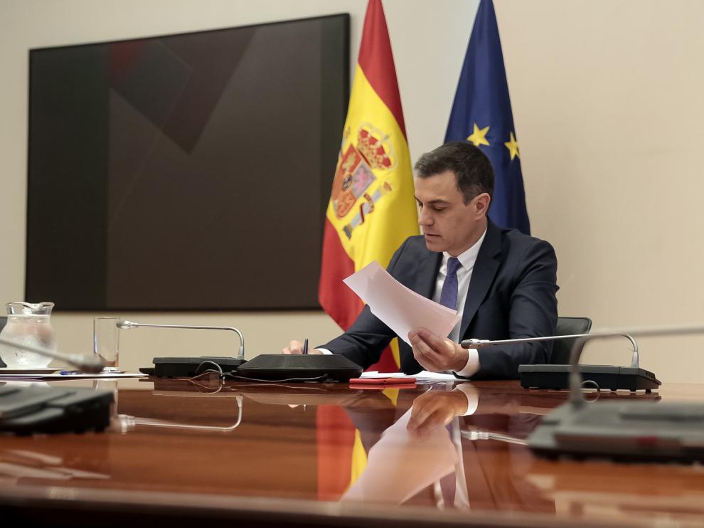 Pedro Sánchez en la reunión de este domingo con los presidentes autónomicos por videoconferencia.