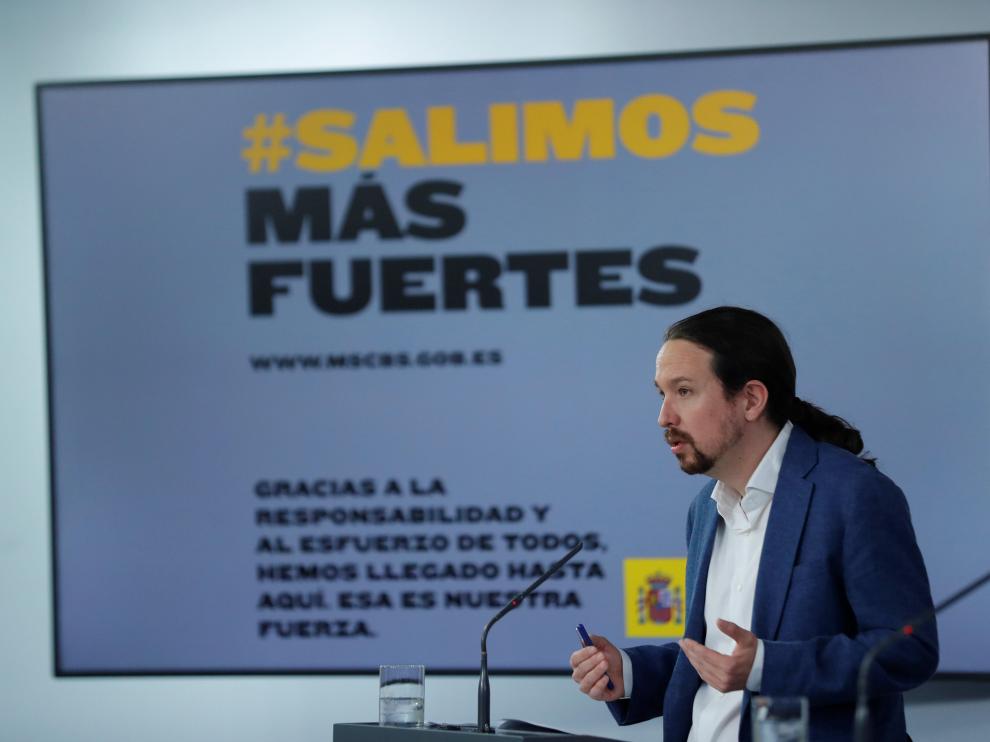 El vicepresidente segundo, Pablo Iglesias, ofrece una rueda de prensa tras el Consejo de Ministros celebrado este viernes.