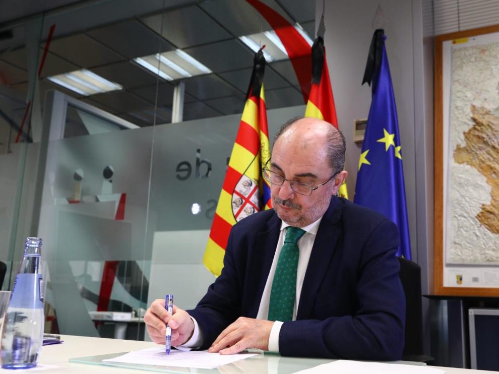 Lambán, este domingo durante la videoconferencia con Sánchez