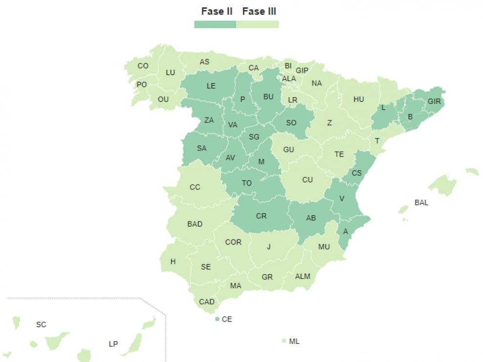 Mapa de España con los territorios en fase 2 y 3 de la desescalada