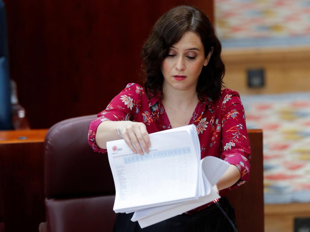 Isabel Díaz Ayuso este jueves una sesión de control en el pleno de la Asamblea de Madrid.