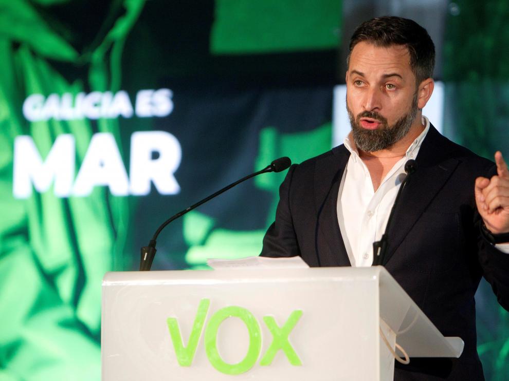 El presidente de Vox Santiago Abascal en un acto de partido en Mos (Pontevedra).