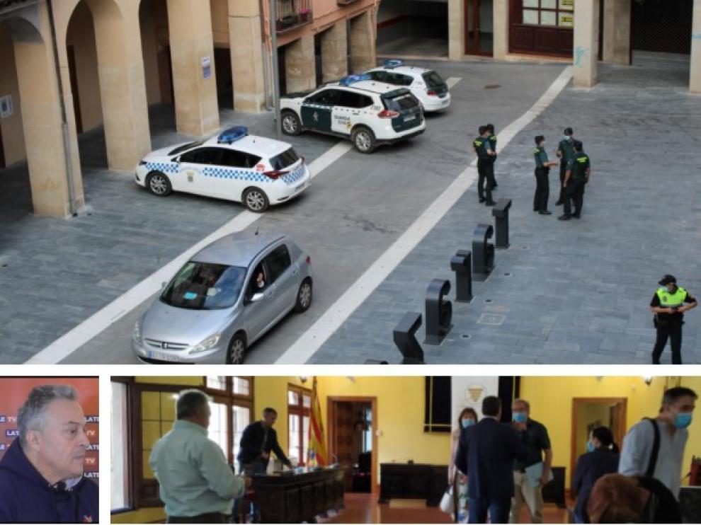 Arriba, efectivos de la Policía Local y la Guardia Civil, este jueves, a las puertas del Ayuntamiento de Tarazona. Abajo, el consejero comarcal Eloy Valero y el momento en el que se suspende la sesión del consejo comarcal.