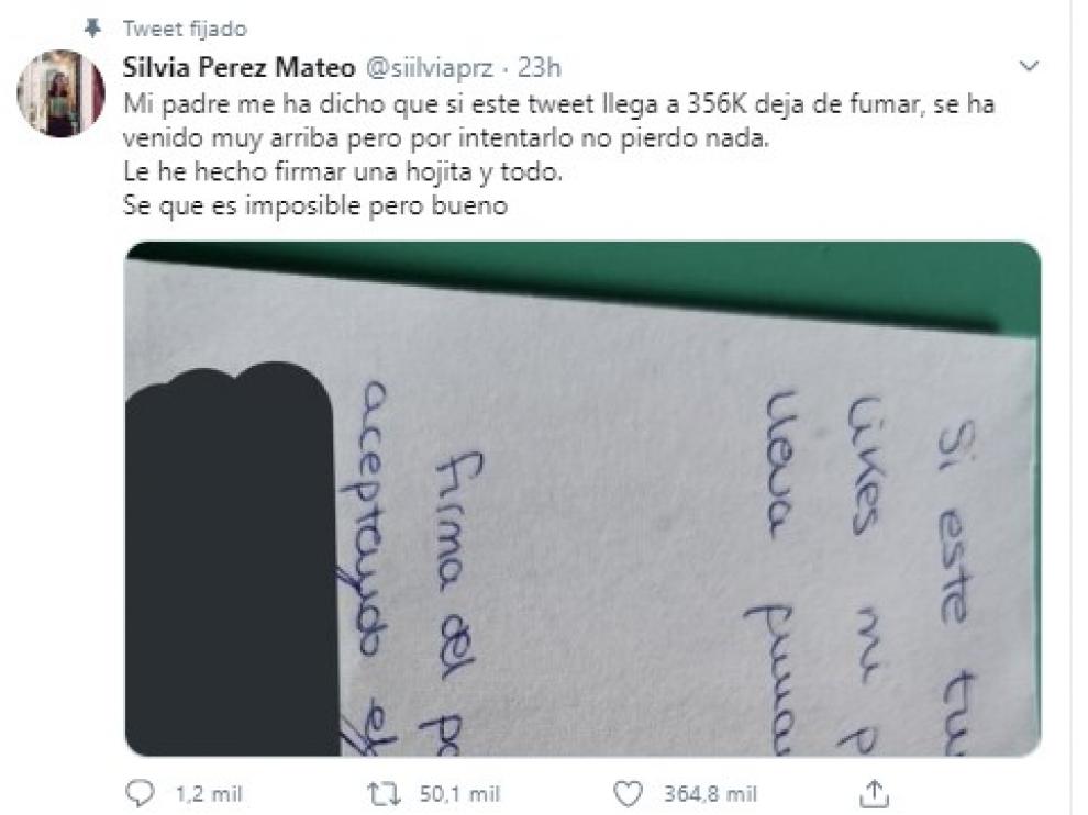 "Mi padre me ha dicho que si este tuit llega a 356.000 deja de fumar"