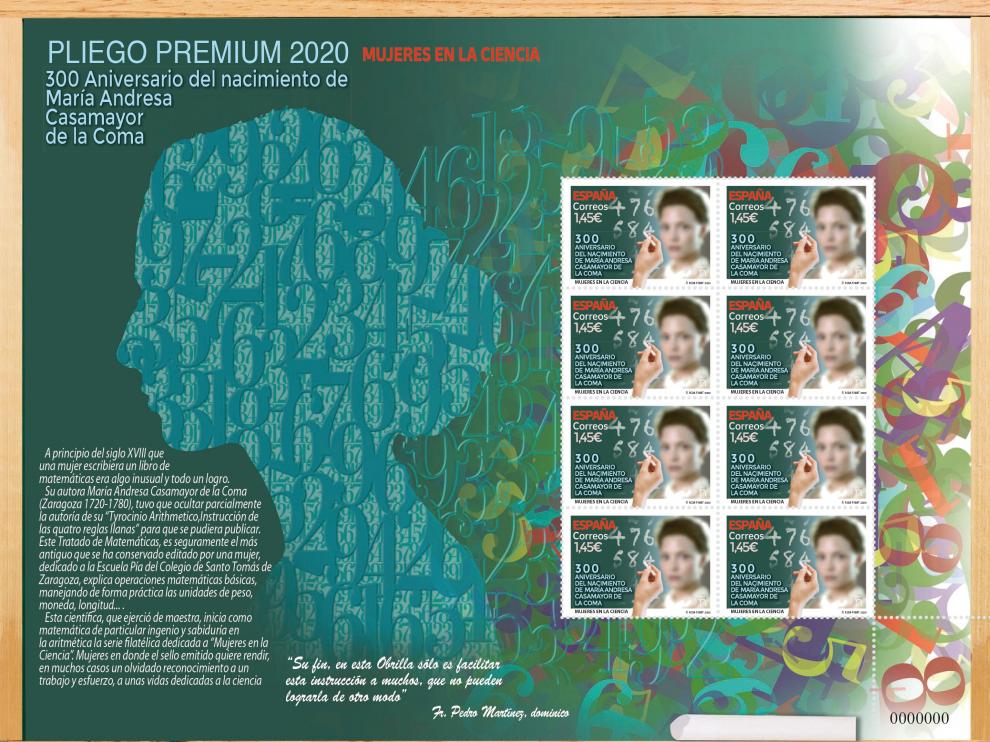 Pliego Premium dedicado a la mujer en la ciencia con los sellos de la matemática zaragozana María Andresa Casamayor de la Coma