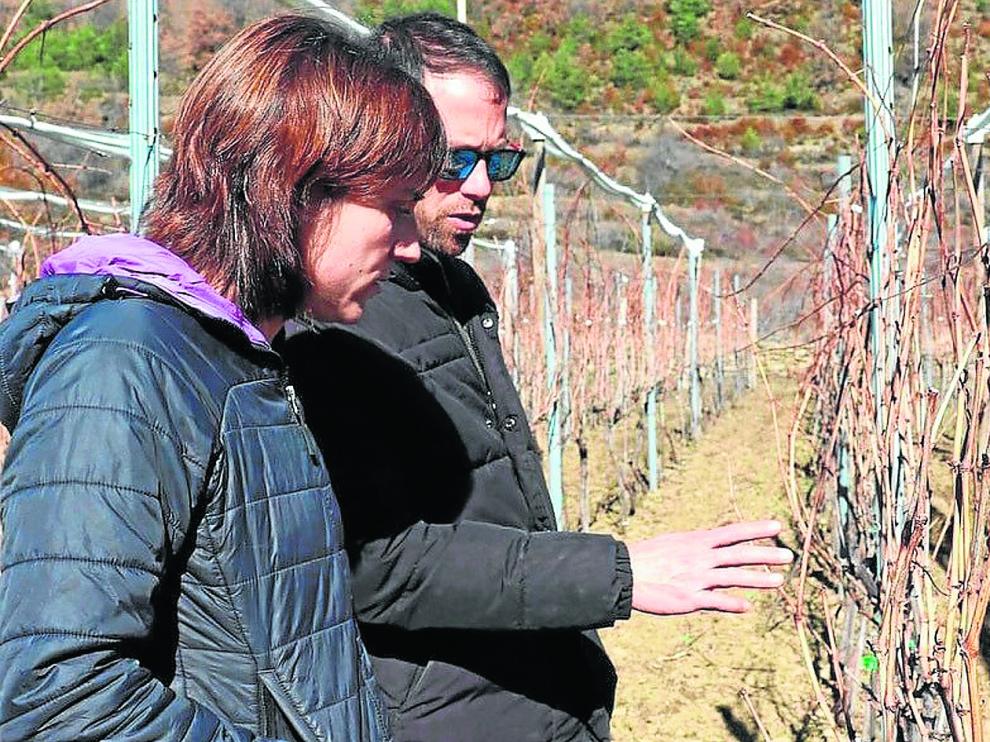 Pilar Gracia y Ernest Guasch, junto a uno de los viñedos que han plantado y recuperado y recuperado viñedos el Pirineo.