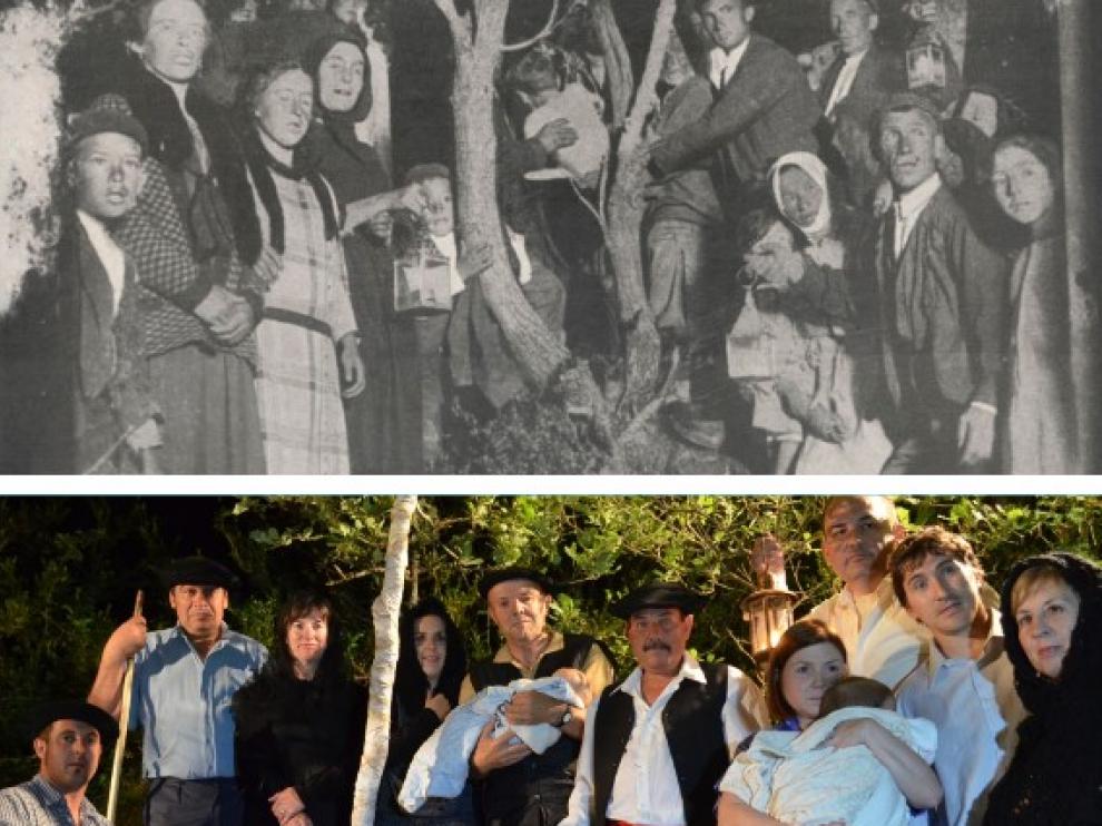 El rito del herniado en Lobera de Onsella, en 1926 y una recreación de 2016.