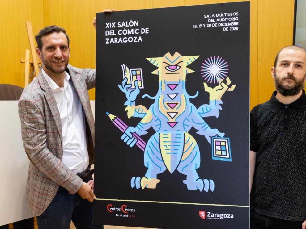 El consejero Javier Rodrigo (izquierda) junto a Álvaro Ortiz, autor del cartel.