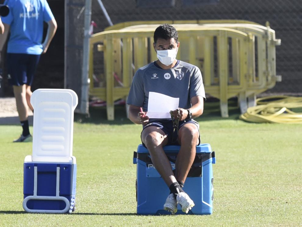 Michel Sánchez, en un momento del entrenamiento de este viernes.