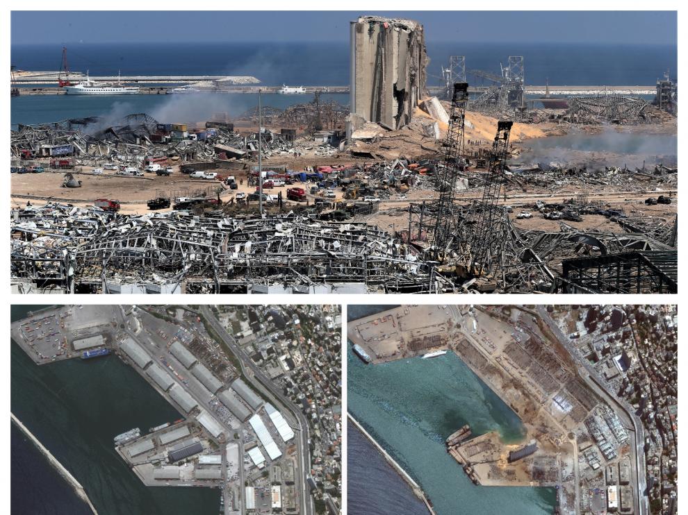 La explosión dejó la zona del puerto devastada. Abajo se ve el antes y el después de la deflagración