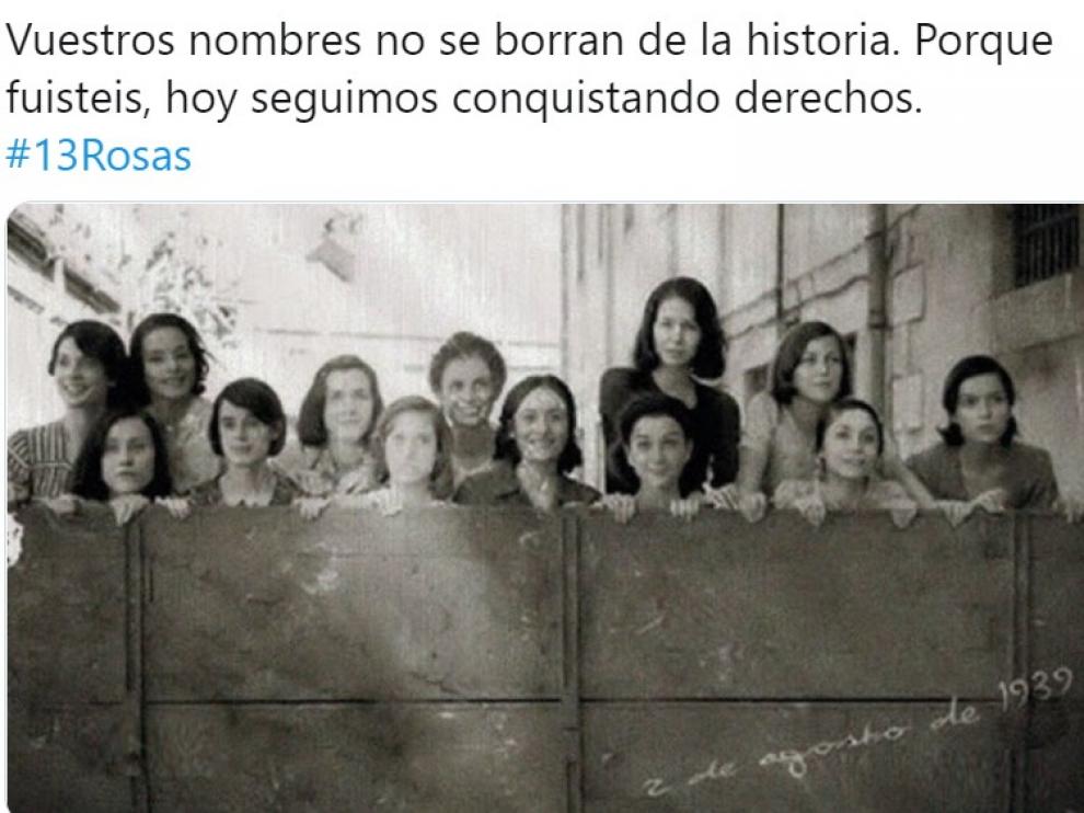 Tuit de la ministra Montero con el cartel promocional de la película "Las 13 Rosas".