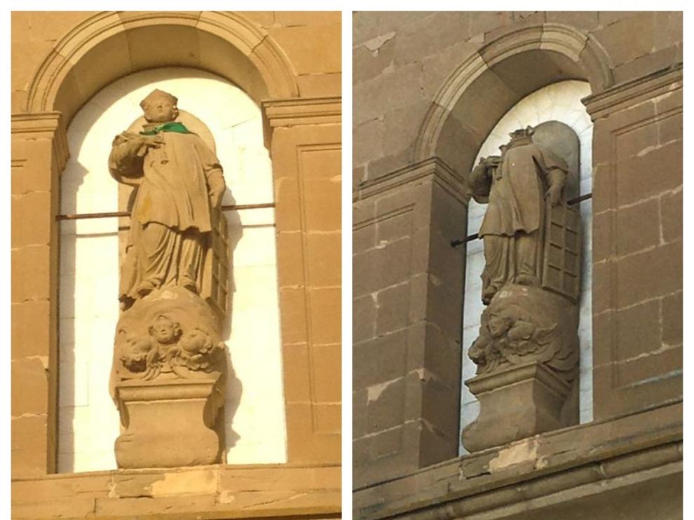 Un año separa estas dos imágenes. En la primera, el santo aparece con el pañuelo colocado en 2019. En la otra, ya sin cabeza, retirada el pasado día 8.