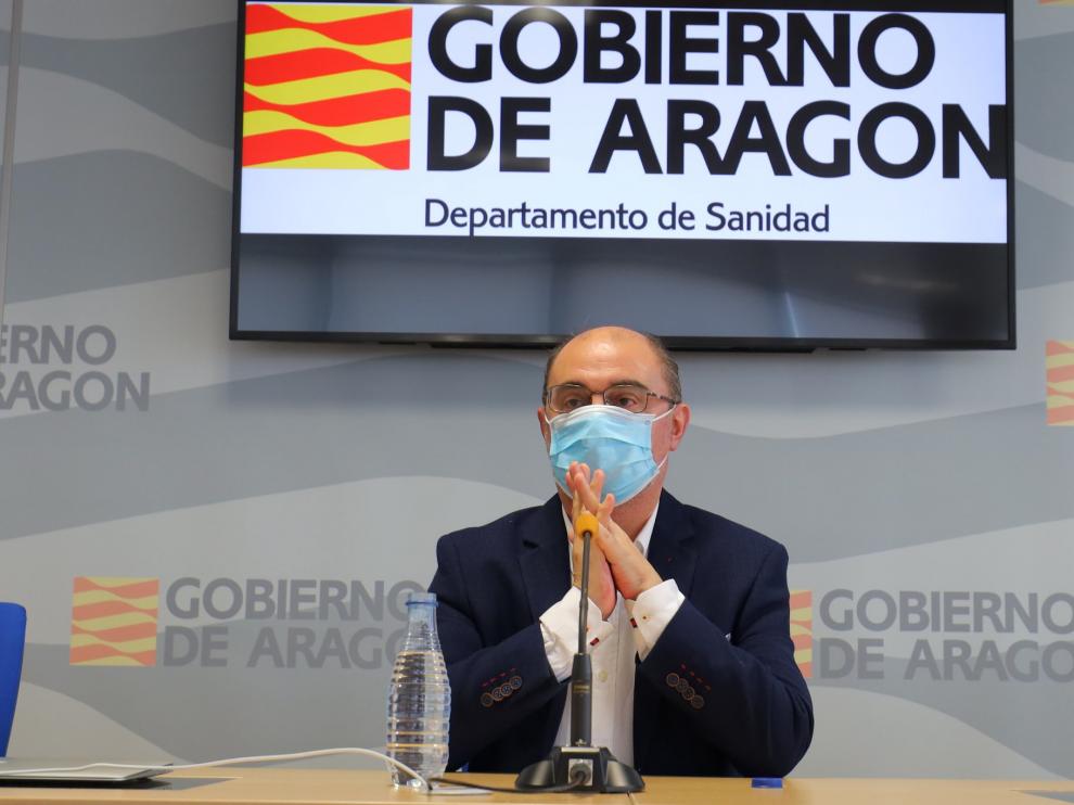 El presidente, Javier Lambán, en la presentación del dispositivo de rastreo, a principios de agosto