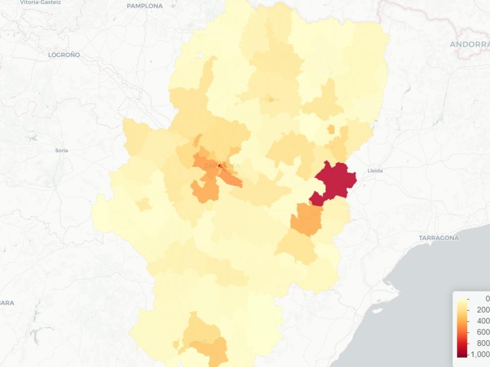 Mapa de Aragón con los casos de coronavirus