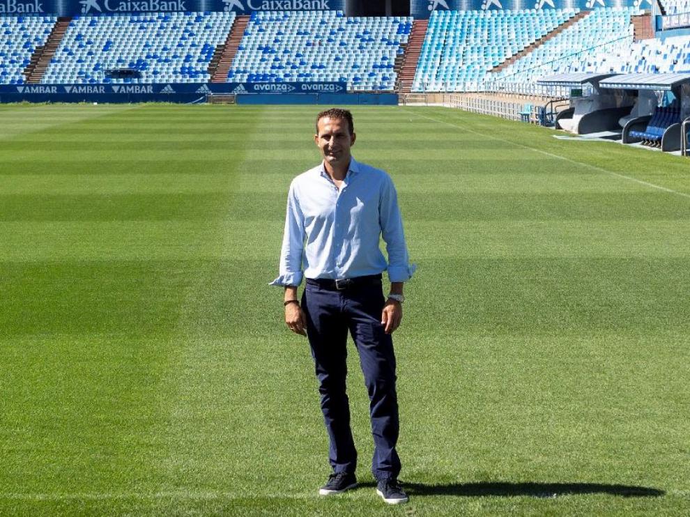 Rubén Baraja, entrenador del Real Zaragoza, en su presentación en La Romareda hace 10 días.