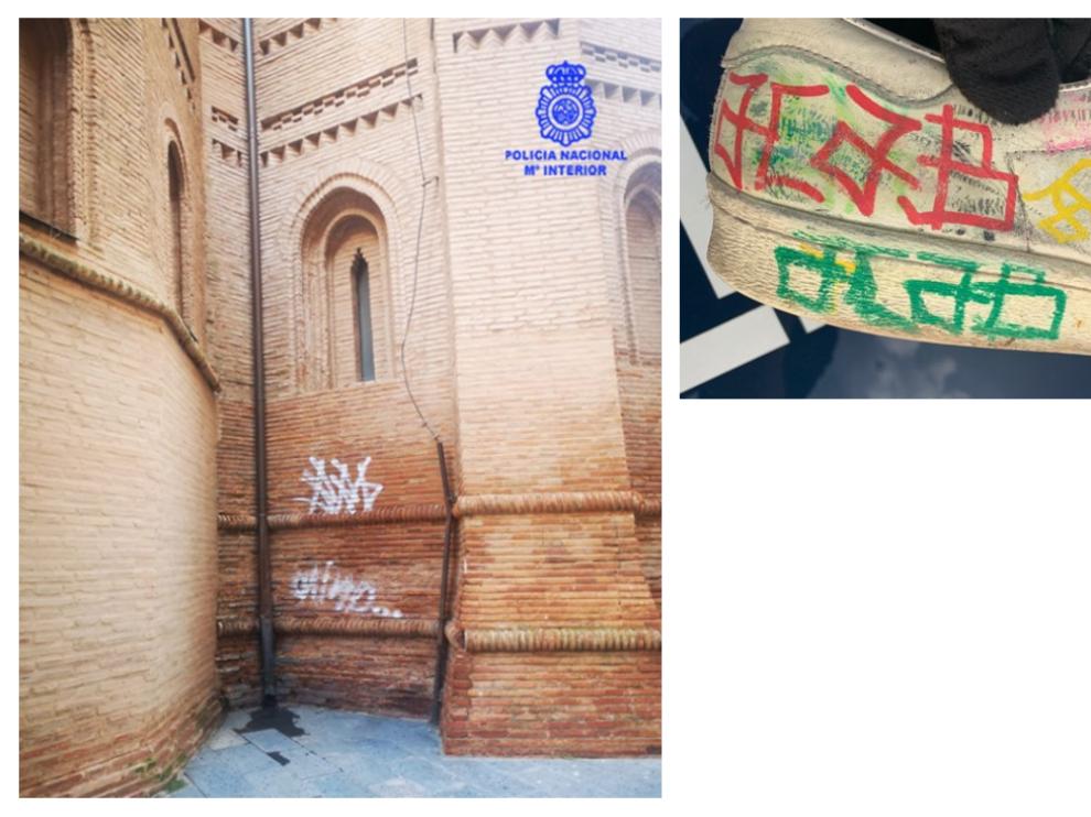 Pintada en la Colegiata de Santa María la Mayor de Calatayud con el mismo símbolo que en las zapatillas del detenido