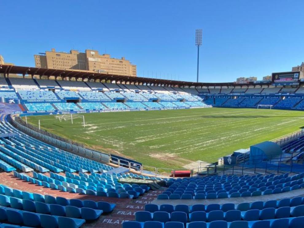 Vista del césped de La Romareda, tratado con un proceso fitosanitario antes de volver a usarse en la inminente temporada 2020-21.