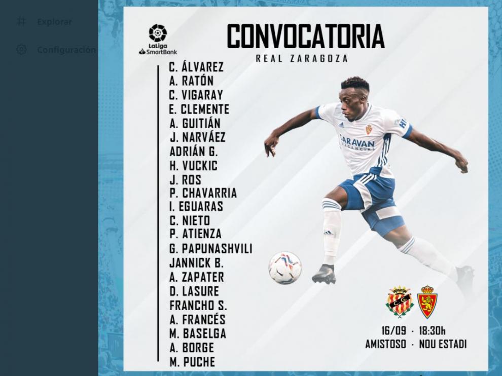 Convocatoria del Real Zaragoza para el amistoso de este miércoles en Tarragona, ante el Nástic de Segunda B.