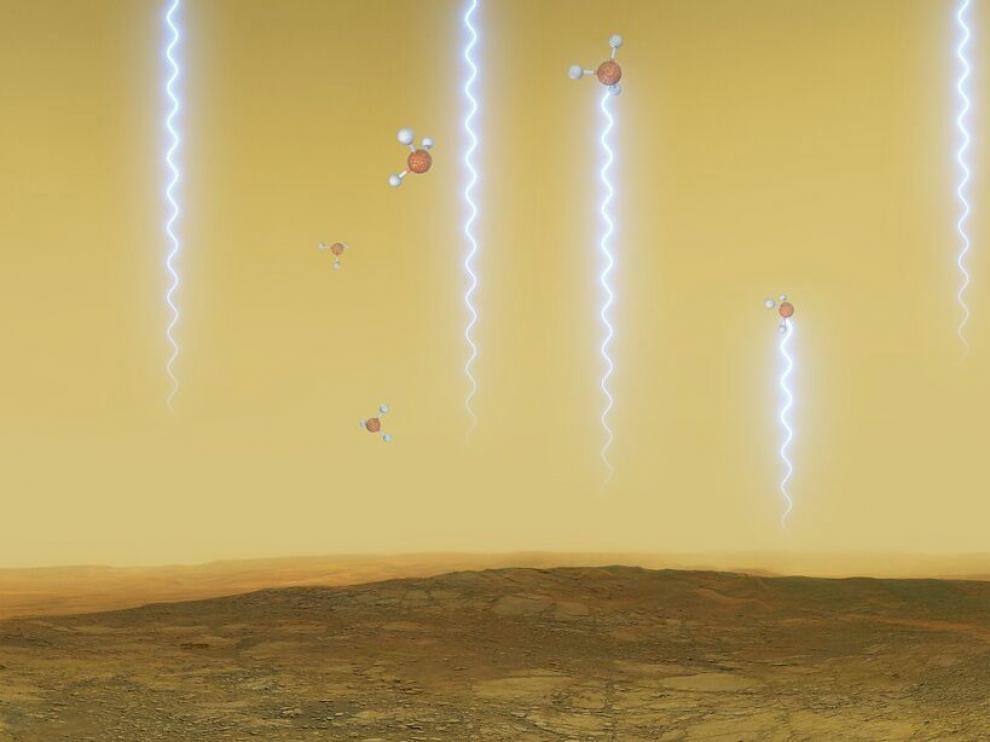 Ilustración de la superficie de Venus y moléculas de fosfina, con su átomo de fósforo y tres de hidrógeno.