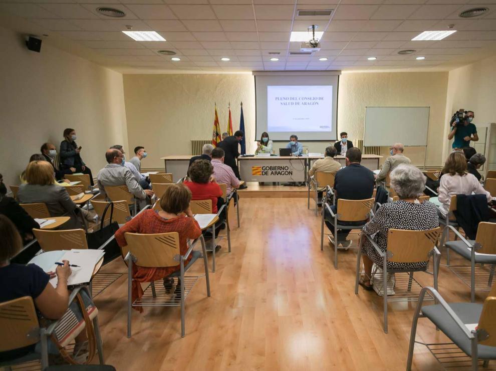 La consejera de Sanidad, el director general de Salud Pública y el director general de Derechos y Garantías de los Usuarios, en el pleno del Consejo de Salud de Aragón. .