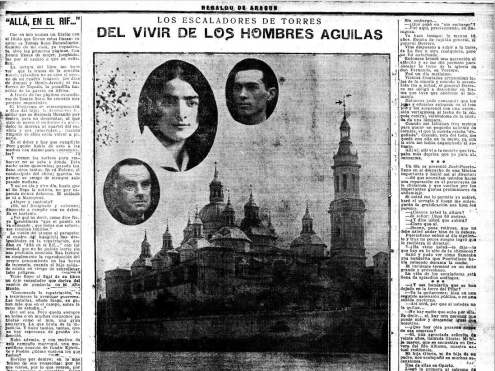 José Puertollano con sus hijos, Gloria y Miguel, los tres "escalatorres", famosos por sus ascensiones emocionantes. La Torre alta del Pilar, en cuya veleta realizaron padre e hijo arriesgados ejercicios.