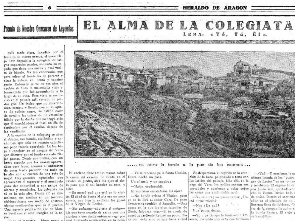 El relato de Sender 'El alma de la colegiata' apareció ilustrado por una fotografía de Alquézas y dos dibujos alusivos